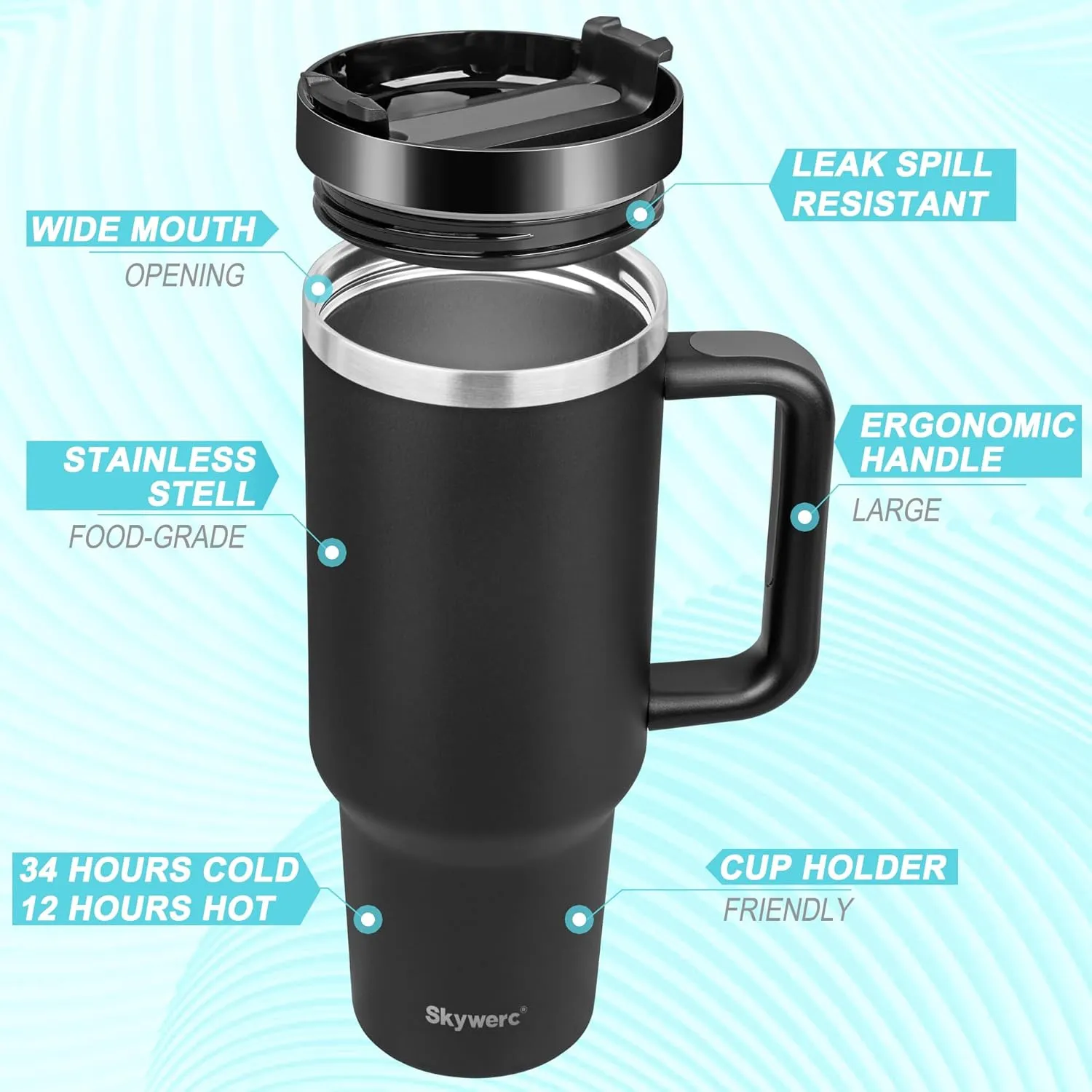 40 oz Tumbler with Handle and Straw, 2 Lids (2 in 1 & LeakProof Lid) - Vacuum Insulated Stainless Steel Double Wall Water Bottle Travel Coffee Mug - Holiday Gifts for Women Men - Black