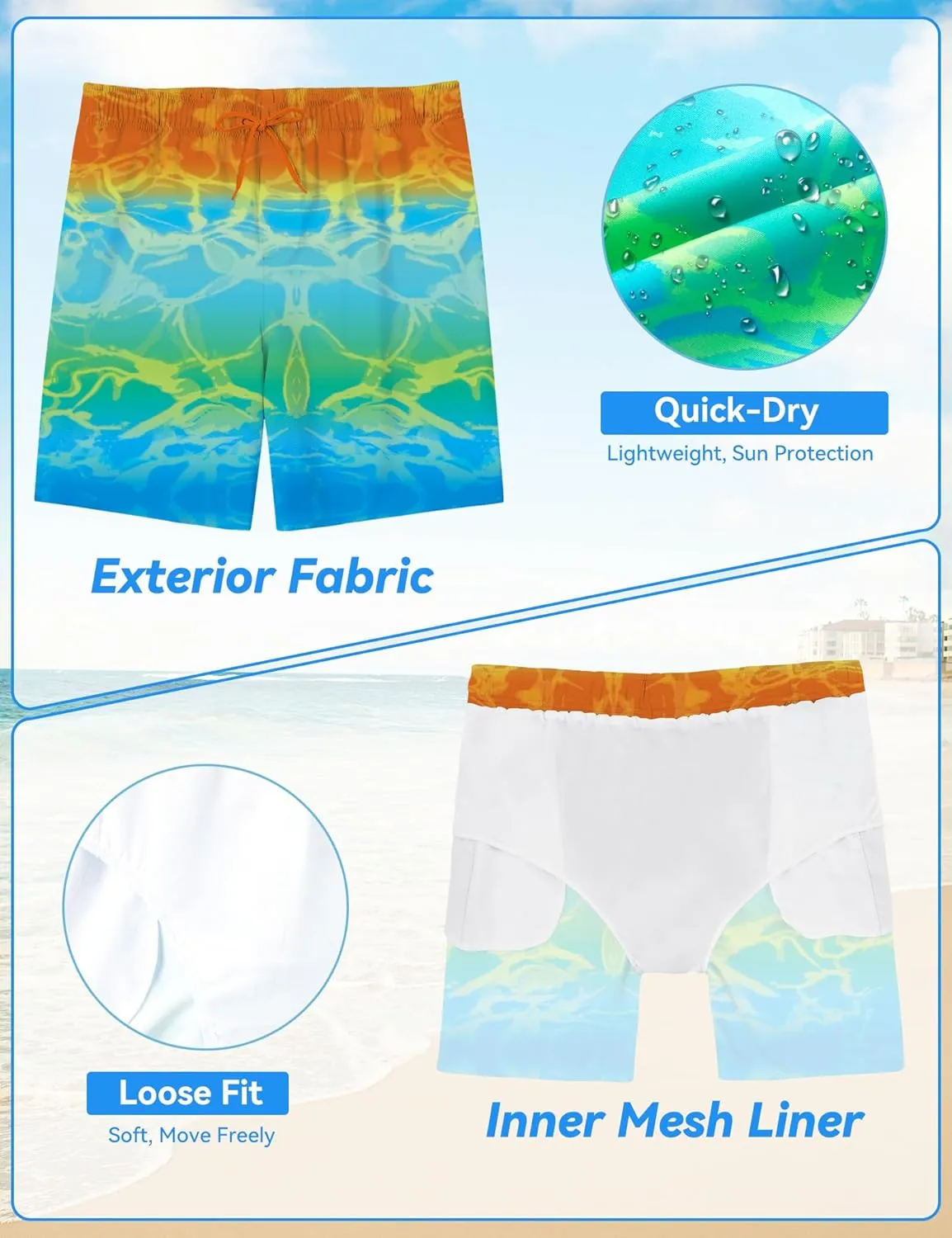 Boys Swim Trunks Quick-Dry w/Ultra Soft Jersey Lining Premium Eco Material UPF 50 