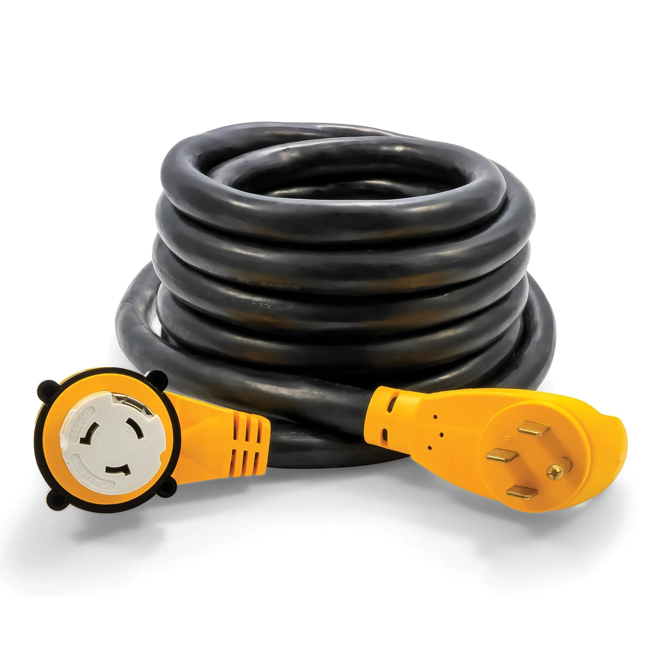 Camco 25 Foot Extension Cord - 50 Amp Standard Male to 50 Amp 90 Degree Female Locking Adapter (55574)