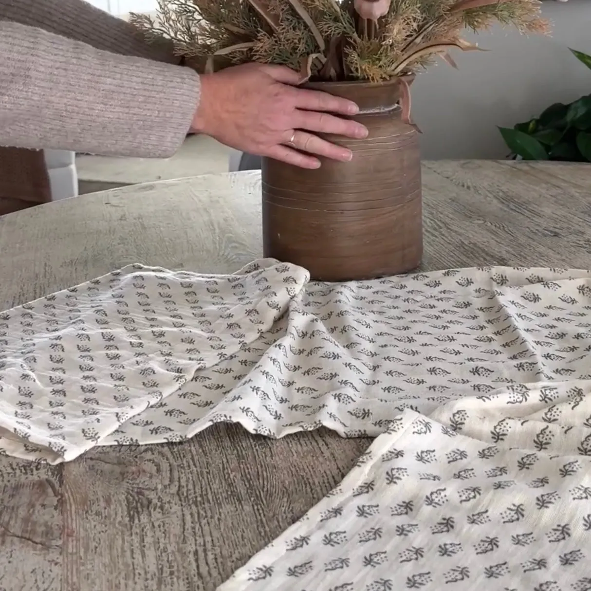 Cotton Table Runner w/ Printed Floral Pattern, Grey & Cream