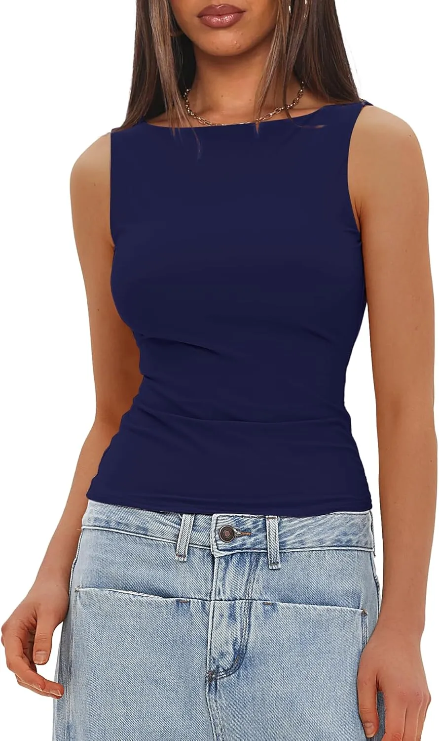 Darong Women's Double Lined Tank Tops Boat Neck Sleeveless Fitted Basic Going Out Casual Cropped Tank Shirts