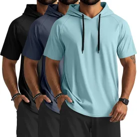 Ficerd 3 Pack Men's Short Sleeve Hoodie Dry Fit Workout Shirts Comfy Running Active Athletic Pullover Sweatshirt