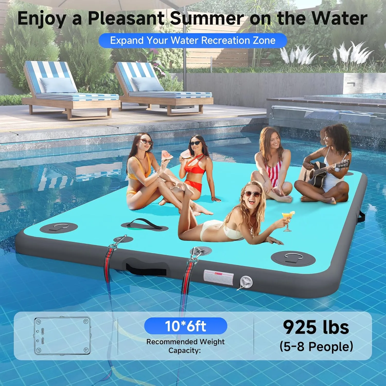 Inflatable Floating Dock for Lake, Floating Platform for Pool Beach Ocean with Rope Ladder, Inflatable Dock with Non-Slip Surface, 6 Inch Thick PVC Construction