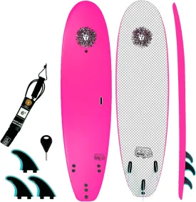 KONA SURF CO. Malibu Beginners Surfboard for Adults and Kids - Soft Board Foam Top Surfboard Foamie for Beach of Softboards - Includes Removable Fins and Leash (Pink, 7ft)