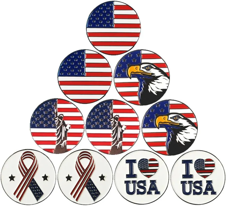 Lot of 10 Golf Ball Markers Assorted Patterns - Soft Enamel Technique