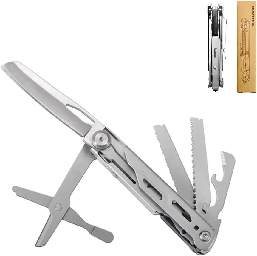 Maerd P3 9in1 Hard Stainless Steel Multitool, Foldable Self-Locking Multi-tool Pocket Knife with Belt clip, First Aid Scissors, Saw, Escape Hammer, Bottle Opener, Sickle, EDC Multitool Emergency