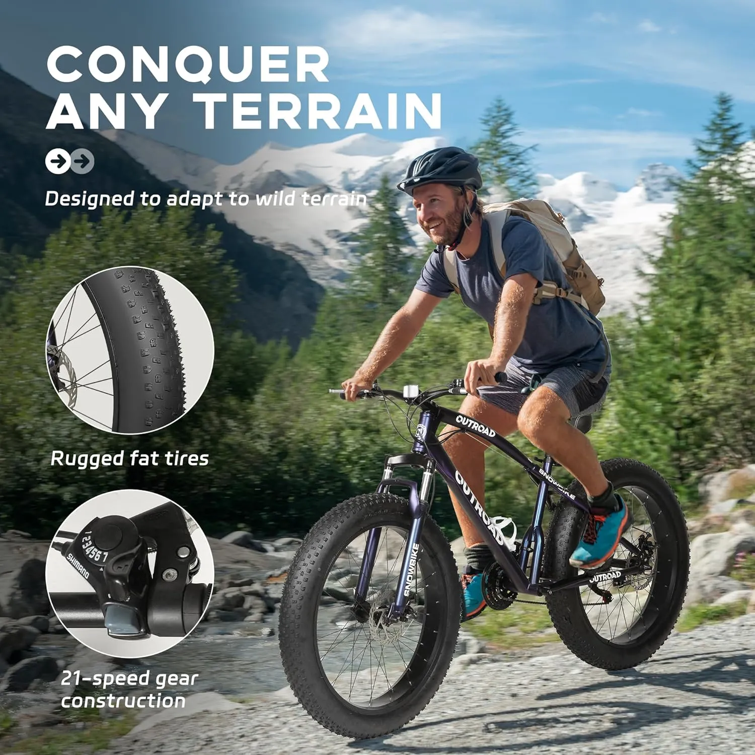 Outroad Fat Tire Mountain Bike with 26 inch Wheels, 21 Speed with High Carbon Steel Frame, Double Disc Brake and Front Suspension Anti-Slip Bikes