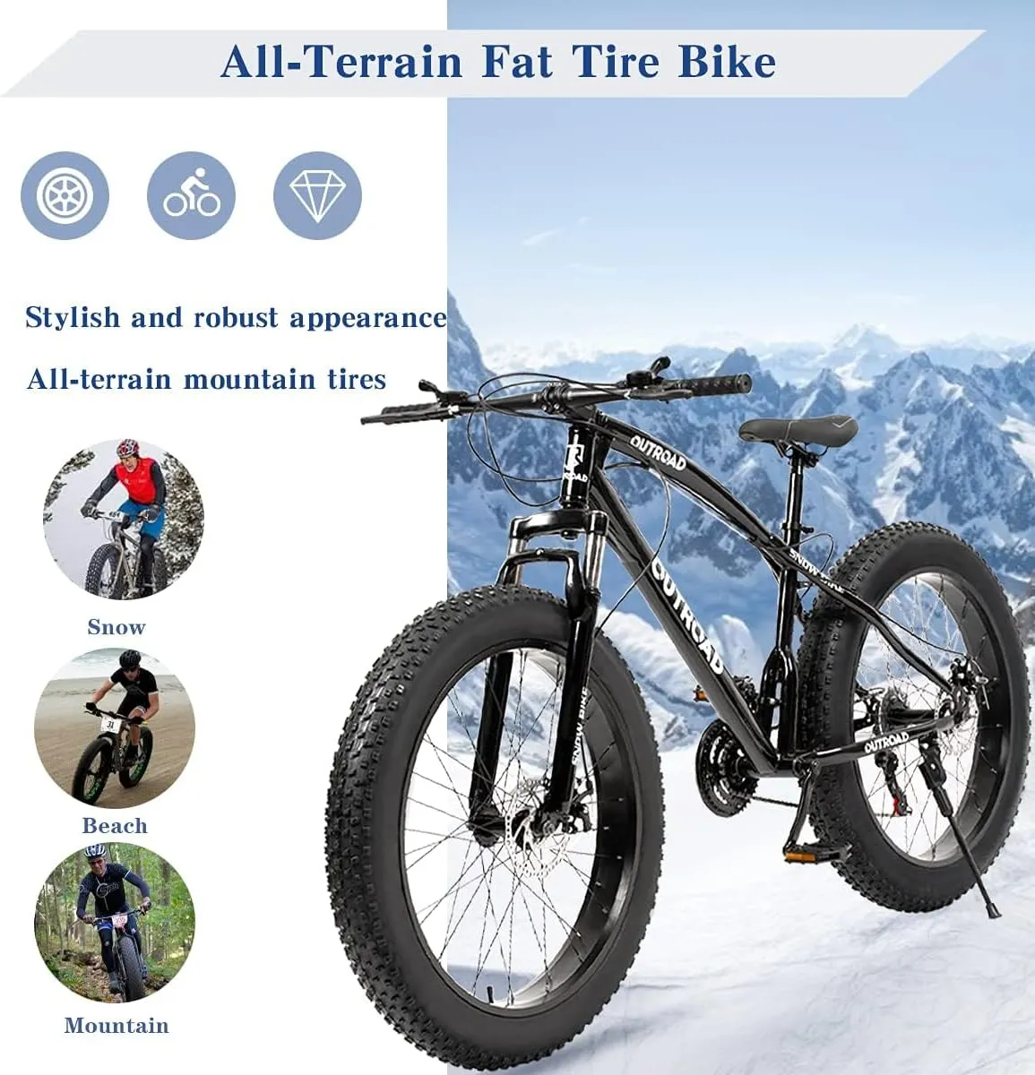 Outroad Fat Tire Mountain Bike with 26 inch Wheels, 21 Speed with High Carbon Steel Frame, Double Disc Brake and Front Suspension Anti-Slip Bikes