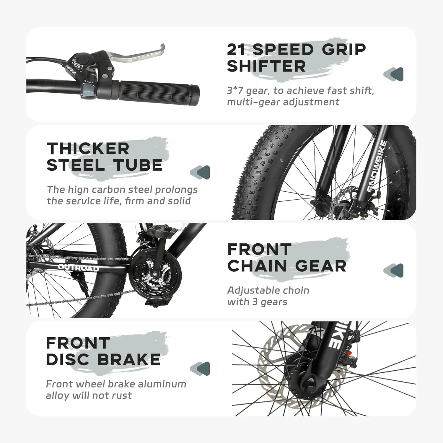 Outroad Fat Tire Mountain Bike with 26 inch Wheels, 21 Speed with High Carbon Steel Frame, Double Disc Brake and Front Suspension Anti-Slip Bikes