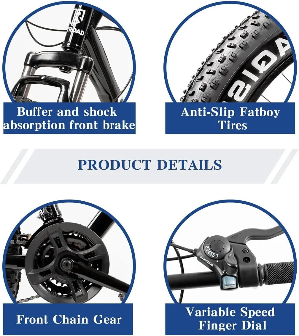 Outroad Fat Tire Mountain Bike with 26 inch Wheels, 21 Speed with High Carbon Steel Frame, Double Disc Brake and Front Suspension Anti-Slip Bikes