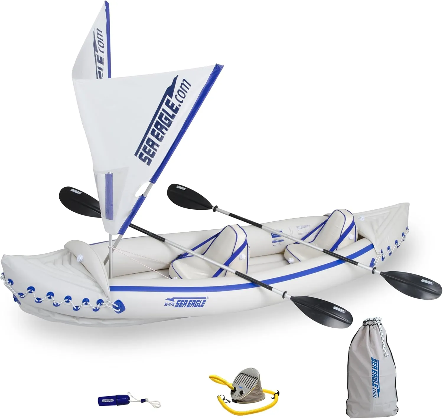 Sea Eagle SE370 Inflatable Kayak 1-3 Person-Portable Stowable & Lightweight-with Seat(s), Paddle(s), Foot Pump and Bag