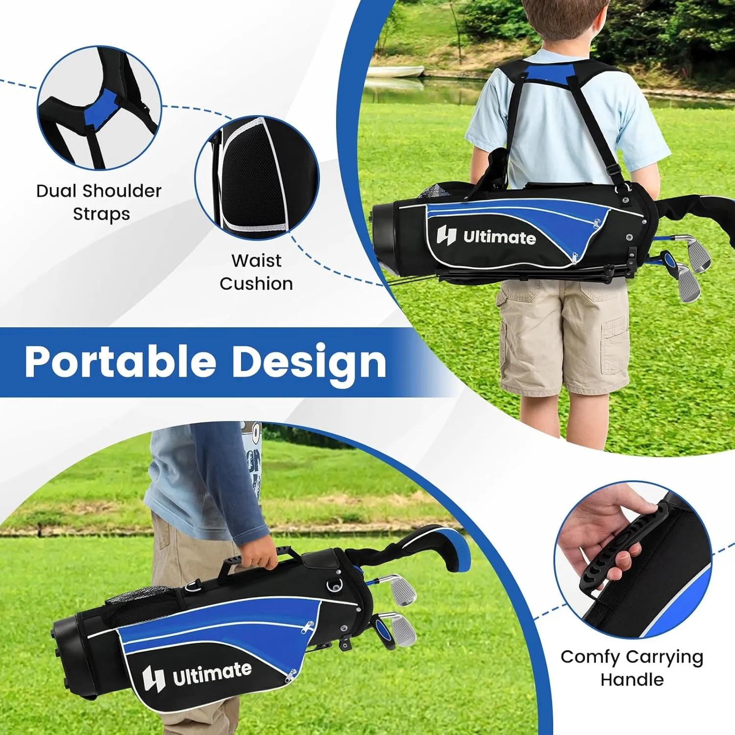 Tangkula Junior Golf Club Set for Children Right Hand, Includes #3 Fairway Wood & #7/#9 Irons, Putter, Head Cover & Rain Hood, Golf Stand Bag, Perfect for Children, Kids