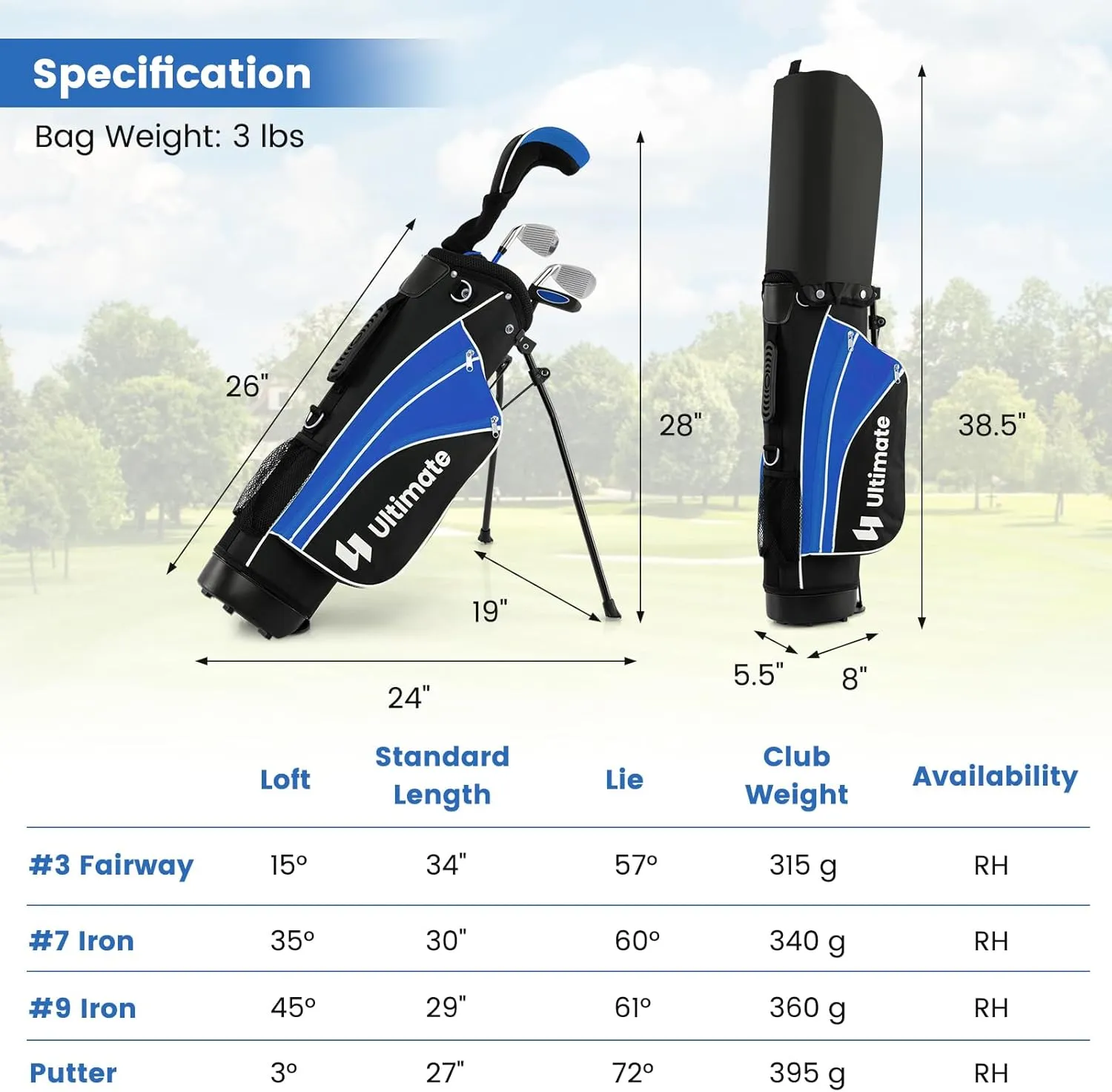 Tangkula Junior Golf Club Set for Children Right Hand, Includes #3 Fairway Wood & #7/#9 Irons, Putter, Head Cover & Rain Hood, Golf Stand Bag, Perfect for Children, Kids