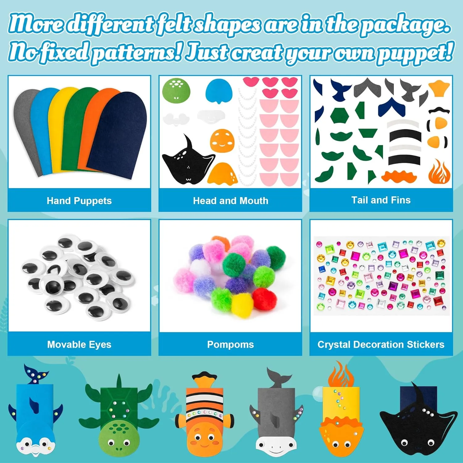 WATINC 6Pcs Hand Puppet Making Kit, Art Craft Felt Sock Puppet Toys, Creative DIY Make Your Own Pompoms Wiggle Googly Eyes Storytelling Role Play Party Supplies Gift for Girls Boys (Ocean Animals)
