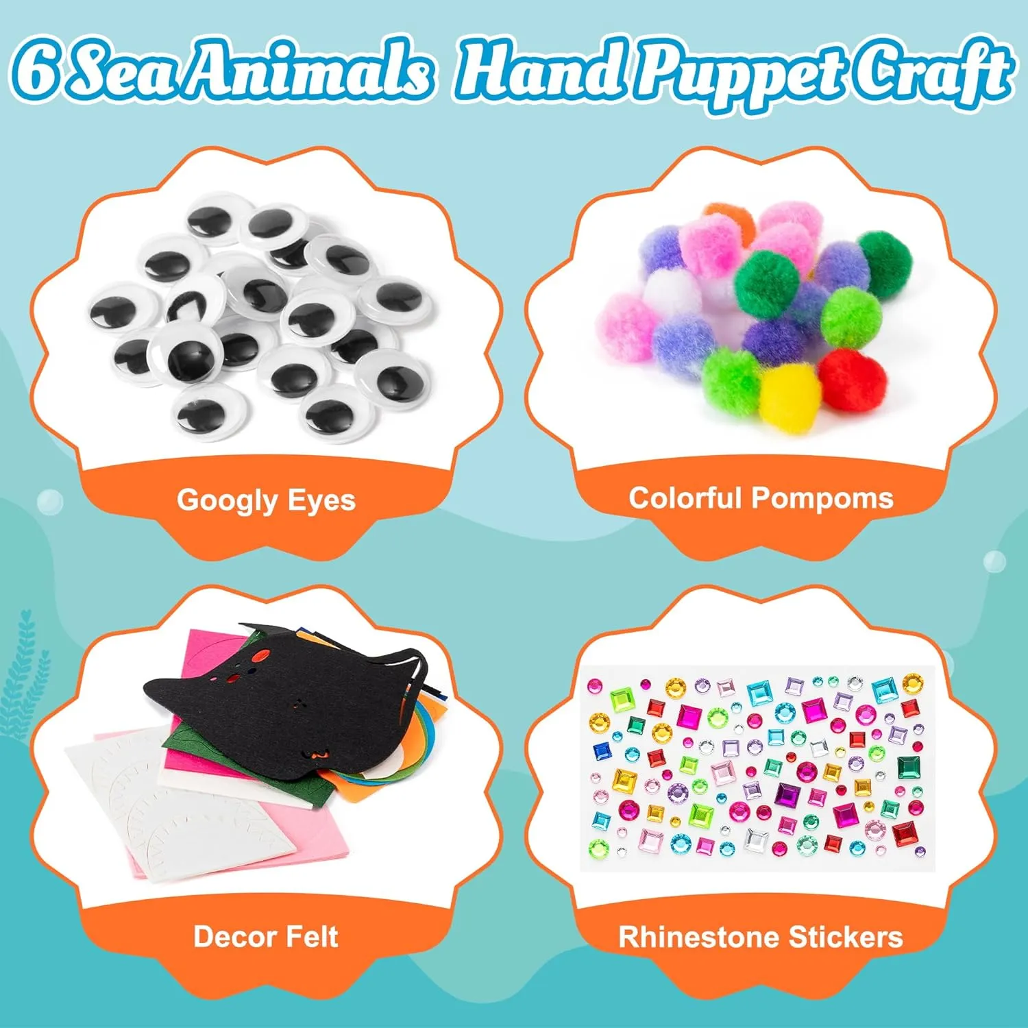 WATINC 6Pcs Hand Puppet Making Kit, Art Craft Felt Sock Puppet Toys, Creative DIY Make Your Own Pompoms Wiggle Googly Eyes Storytelling Role Play Party Supplies Gift for Girls Boys (Ocean Animals)