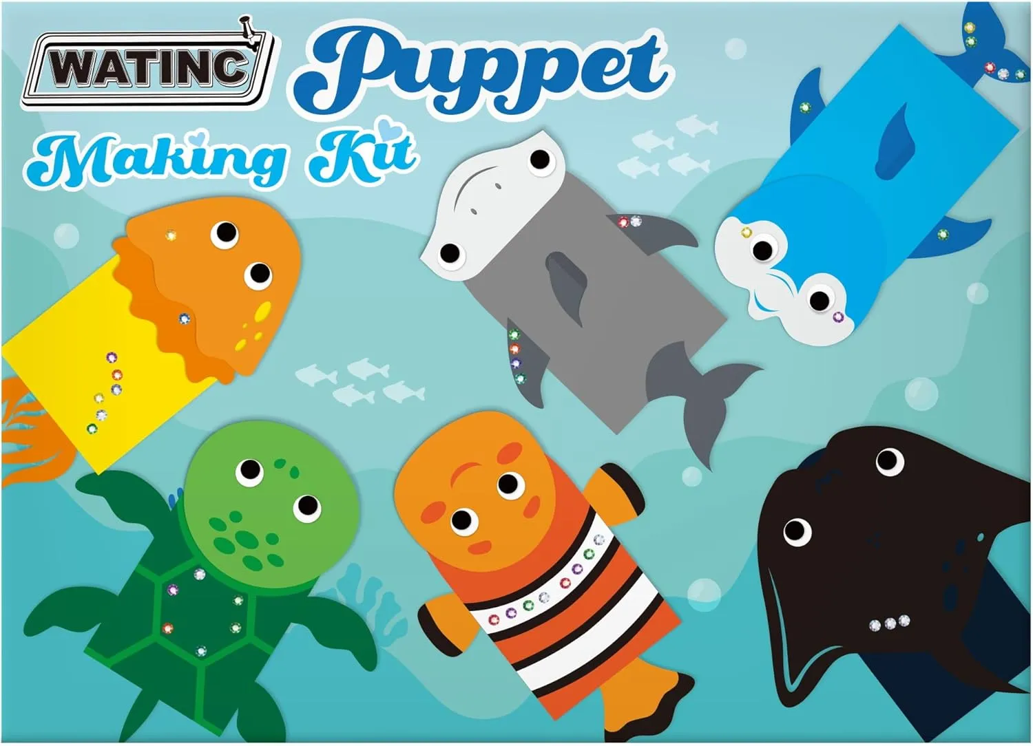 WATINC 6Pcs Hand Puppet Making Kit, Art Craft Felt Sock Puppet Toys, Creative DIY Make Your Own Pompoms Wiggle Googly Eyes Storytelling Role Play Party Supplies Gift for Girls Boys (Ocean Animals)